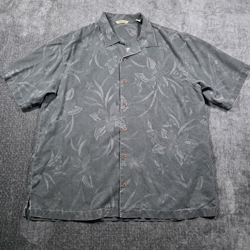 Tommy Bahama Mens XL Silk Button Up Shirt Palm Tree Floral Print Gray Hawaiian